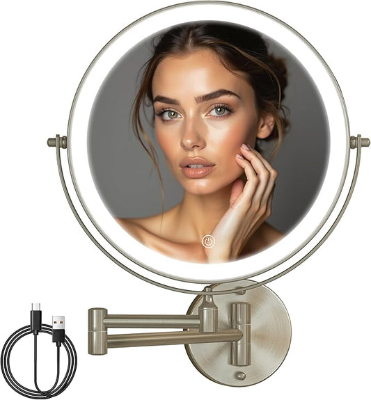 10" Wall Mounted Makeup Mirror with Light, 3000mAh Rechargeable Double Sided 1X / 10X Magnifying Vanity Mirror, 3 Color Lights Touch Dimmable 360° Rotation Bathroom Mirror, Nickel