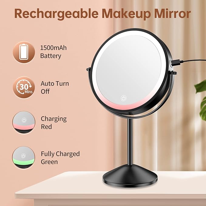 Benbilry 8 Inch Lighted Makeup Vanity Mirror with 3 Color Dimmable Lights, 1X/10X Magnifying Rechargeable Double Sided Light Up Cosmetic Mirror, 360° Swivel Cordless Standing, Black