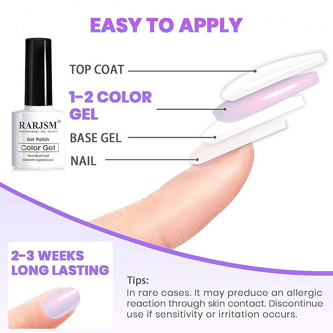 RARJSM Pearl White Gel Nail Polish Set Iridescent Mermaid Shell Glitter Gel Polish 6 Light Colors Purple Blue Pink Red Gold Shimmer Multichrome Swirl Thread Effect Soak Off Curing Requires