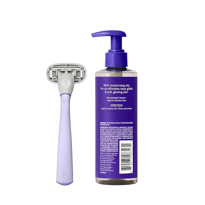 Flamingo Razor Shaving Set for Women - 5-Blade Razor, Nourishing Shave Oil, and Shower Holder - Lilac