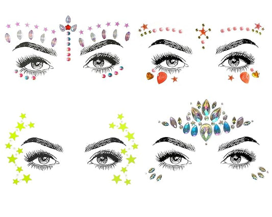 Women Mermaid Face Gems Glitter,Rhinestone Rave Face Jewels Festival,Crystals Face Stickers, Eyes Face Body Temporary Tattoos (4 Pcs No.05)