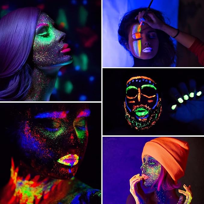 NewWay Luminous Neon Face & Body Paint Glow in the Dark Party Supplies MakeUp Cream Paint Light For Halloween Christmas 8 Color 0.7 fl oz x 16 Tubes