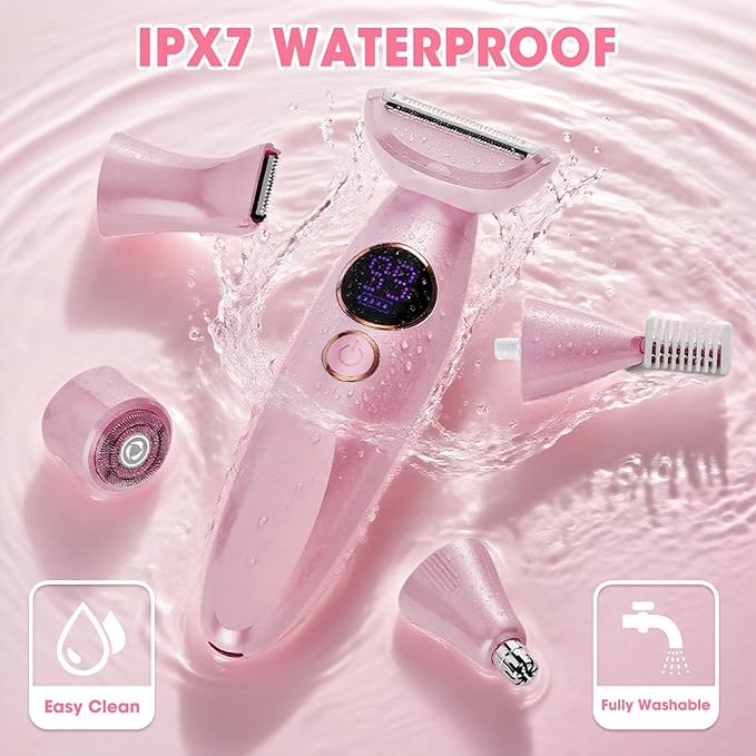 5 in 1 Bikini Trimmer for Women,IPX7 Waterproof Cordless Replaceable Pubic,Eyebrow,Facial Electric Razors&Nose Hair Trimmer&Painless Body Shaver for Arms Legs Underarms,USB Charge,LED Display,Wet&Dry