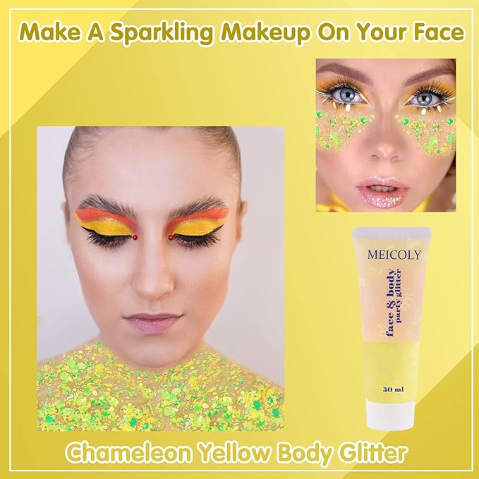 MEICOLY Chameleon Yellow Body Glitter,Chunky Face Glitter for Halloween,Color Changing Mermaid Glitter Face Paint,Holographic Glitter Sequin for Face Body Hair,Festival Party Cheer Glitter Makeup,50ml