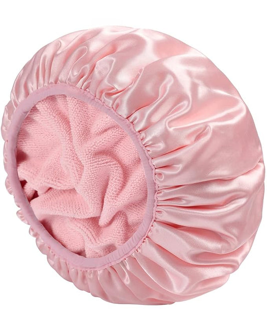 YIZIJIZI Terry Lined Shower Cap,Triple Layer Large Cap for Women,Shower Cap Reusable Waterproof,Long Thick Hair(Pink)