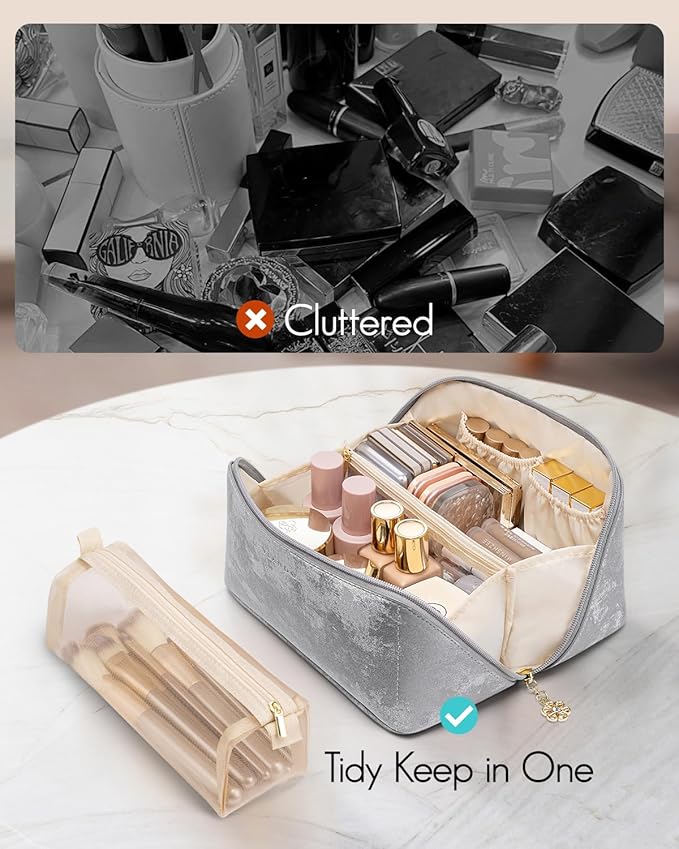 Vlando Makeup Bag,Large Capacity Toiletry Bag for Women Waterproof Portable Make up Pouch PU Leather Open Flat Cosmetic Bag(Silver)