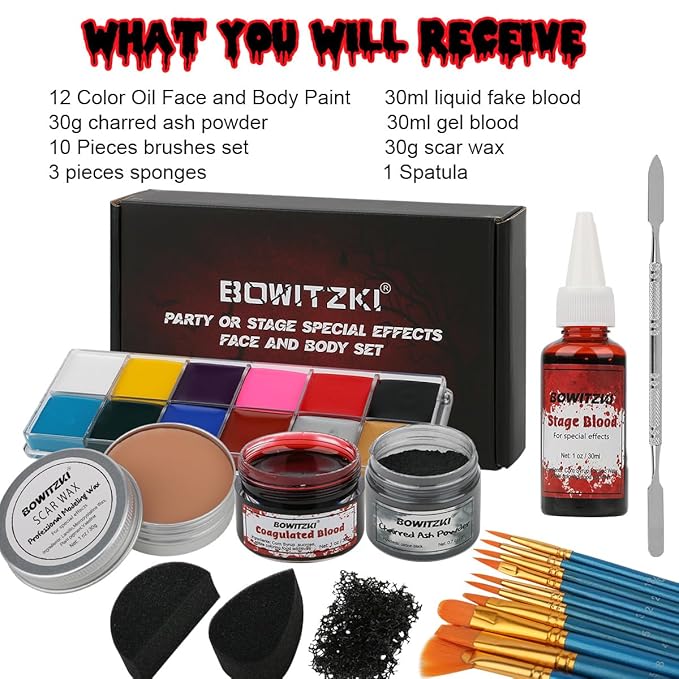 Bowitzki Halloween Makeup Special Effects Oil Face Body Paint Fake Blood Scar Wax Charred Ash Powder with Sponges Brush Halloween Party SFX Cosplay