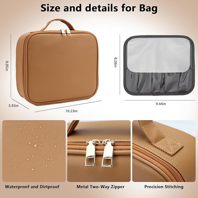 Travel Makeup Bag with LED Mirror Travel Makeup Organizer with 3 Lighted Settings, Adjustable Dividers and Makeup Brush Storage Bag Brown