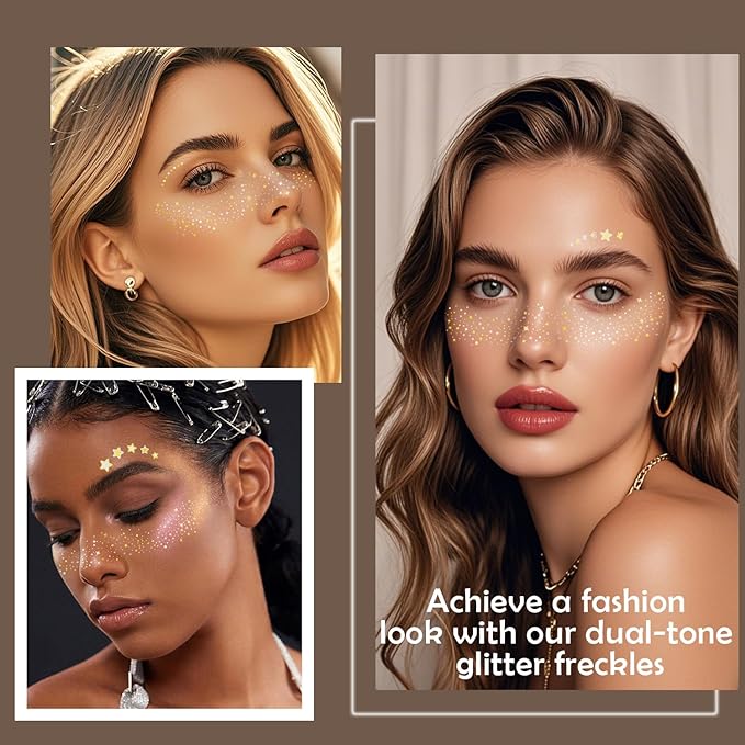 20 Pcs Gold and Silver Face Makeup Patches, Gold & Silver Glitter Freckles Face Tattoos, Gold Glitter Freckles, Sparkle Makeup Patches, Waterproof Face Glitter Patches for Women