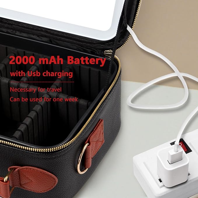 Travel Makeup Bag with Mirror of LED Lighted, Rechargeable Cosmetic Train Case Artist Makeup Organizer for Women with Adjustable Dividers, Makeup Brushes Holder and Strap (CosMirr-Black02)