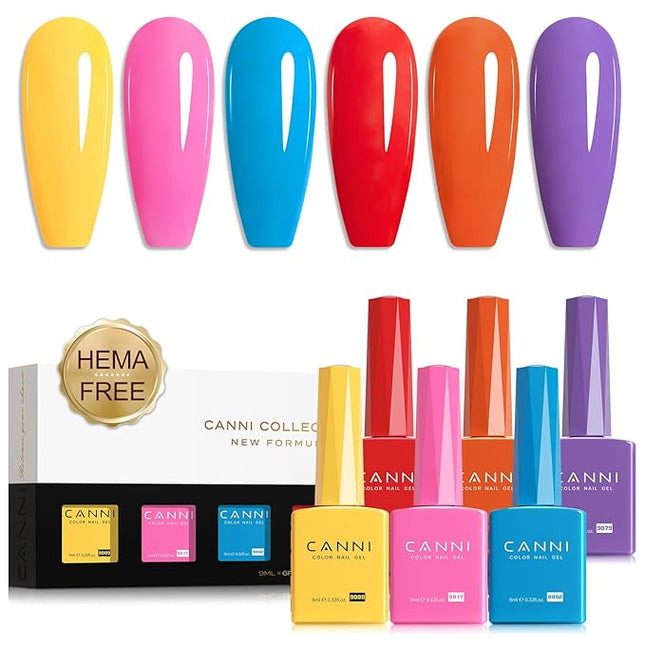 CANNI Gel Nail Polish Set – Bright Rainbow Summer 6 Colors 9ML (Red, Pink, Yellow, Blue, Orange,Purple), High Gloss Soak Off UV LED Nail Gel for Summer DIY Manicure