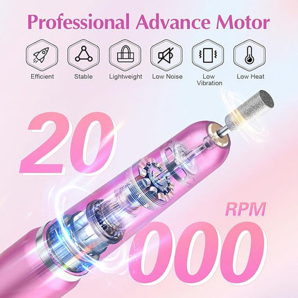 JIASHENG USB Electric Nail Drill, Portable File for Acrylic Gel Nails, Professional Manicure and Pedicure Kit With Drill Bits for Home and Salon Use, Rose Red