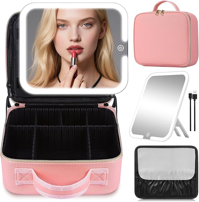 Travel Makeup Bag with Removable Mirror, Cosmetic Organizer Bag with Mirror, 360° Angle Stand, 3 Colors Dimmable Lighted Makeup Case, PU Leather Makeup Train Case with Adjustable Dividers/Brush Holder