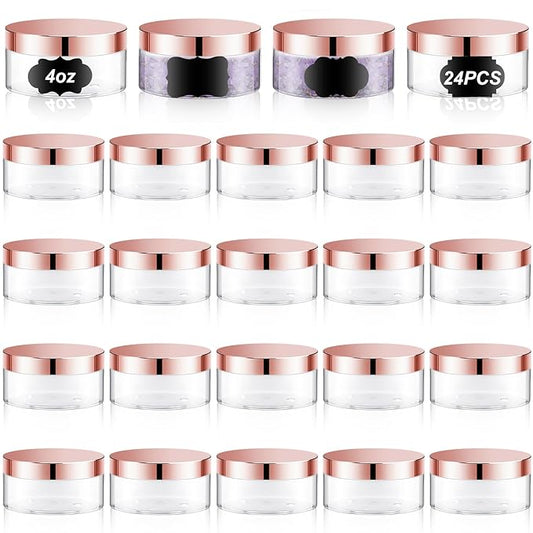 Dandat 24 Pcs 4 oz Plastic Jar Container with Lid and Label Refillable Empty Round Clear with Rose Gold PET Cosmetic Sample Containers for Lotion, Cream, Ointments, Body Butter, Makeup, Travel Storage