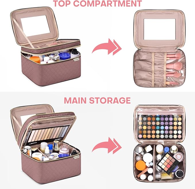 Large Makeup Bag with Mirror Double Layer Travel Make Up Organizer Case, Large Capacity Coemetic Bag with Brush Slot Divider