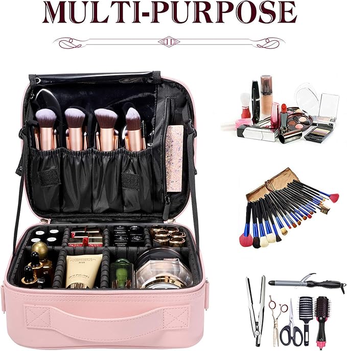 Travel Makeup Bag Organizer, 10.2 Inches Portable Makeup Train Case Cosmetic Brush Artist Storage Bag with Adjustable Dividers and Shoulder Strap (Pink)