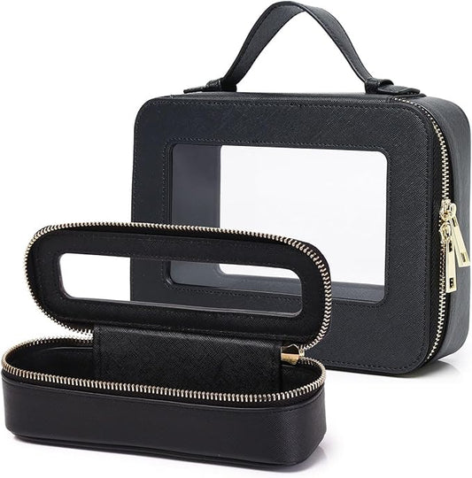 Pinkmik Travel Clear Makeup Bag with Brush Bag Portable Cosmetic Bag Case Transparent Toiletry Bag Cosmetic Organizer Storage Bag for Women (Black, L+SLIM)