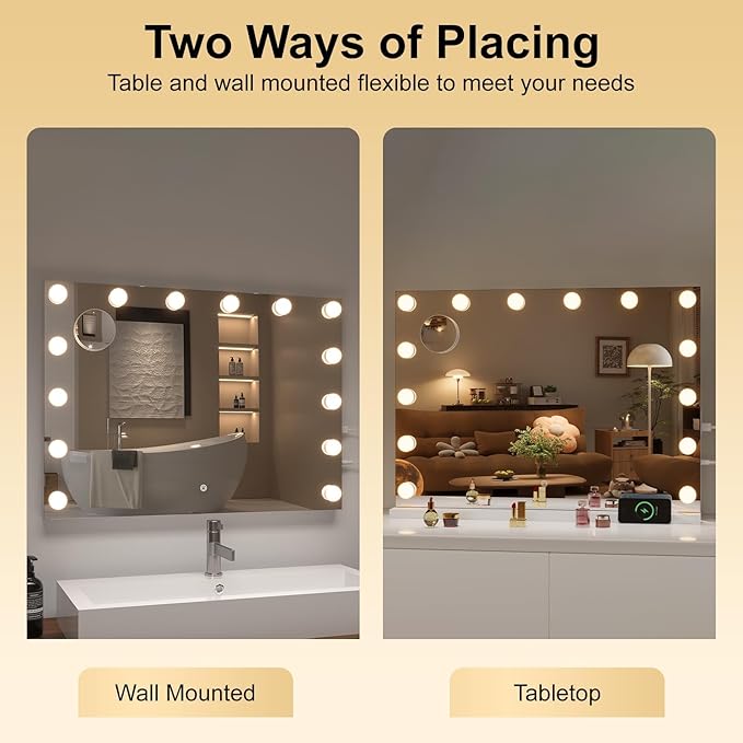 Hasipu Hollywood Vanity Mirror with Lights and Bluetooth Speaker, 35" x 24" Makeup Mirror with 16 Dimmable LED Bulbs 3 Color Modes, 5X Magnifying Glass, Touch Control, USB and Type-C, Tempered Glass