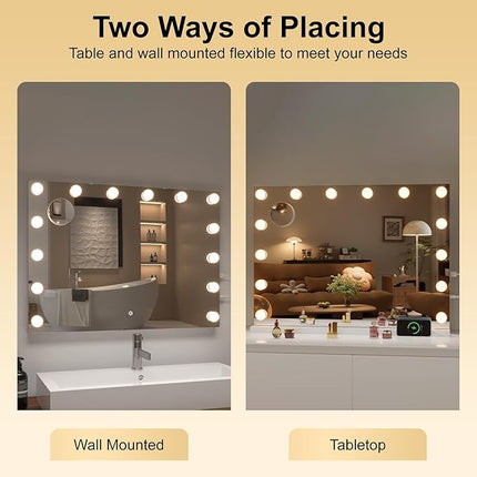 Hasipu Hollywood Vanity Mirror with Lights, 35" x 24" Makeup Mirror with 16 Dimmable LED Bulbs 3 Color Modes & Detachable, 5X Magnifying Glass, Touch Control, USB and Type-C, Tempered Glass
