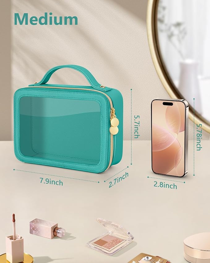 Clear Makeup Bag, Portable Travel Cosmetic Bags, Multipurpose Leather Toiletry Bag with Zipper, Waterproof Transparent Cosmetic Organizer for Women, Medium, Green