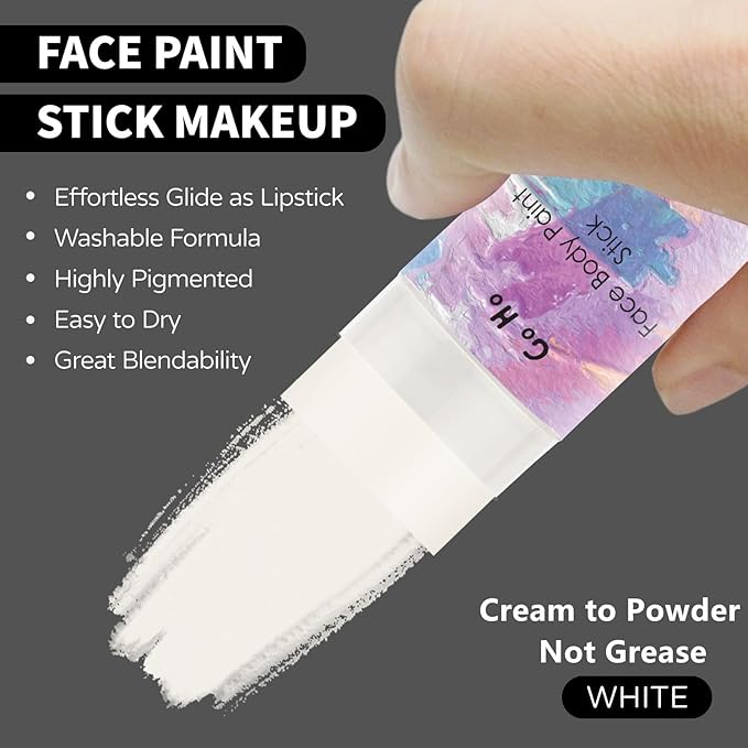 Go Ho Clown White Face Body Paint Stick,Water Based Cream to Powder Face Painting,Easy-to-use Face Paint for Halloween Cosplay SFX Zombie Skeleton Vampire Clown Makeup,0.63oz