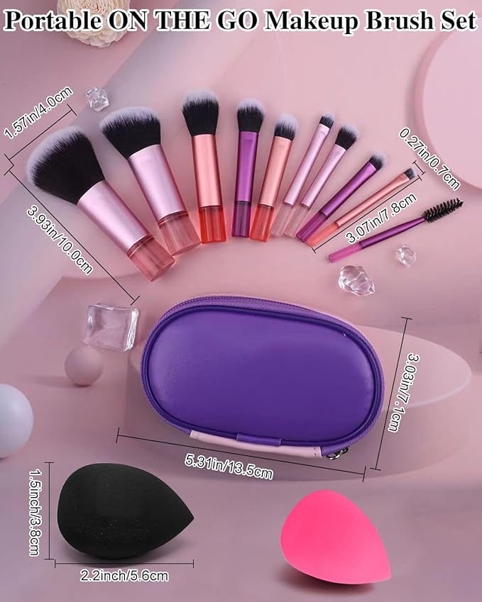 Mini Travel Makeup Brushes Set, 14 Pieces, Portable Full Complete Function Cosmetic Kit with Brush Pouch, On the Go Short Makeup Brush Small Travel Essentials for Women, Girls (Colorful)