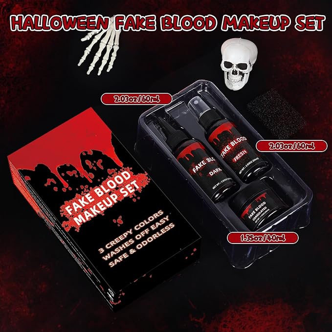 3PCS Halloween Fake Blood Makeup Kit, Fake Blood Dripping 2.03oz + Spray 2.03oz + Coagulated 1.35oz, Realistic Washable Fake Blood for Zombie Monster Mouth Clothes Vampire Cosplay & Dress Up