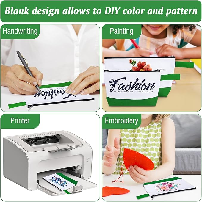 10 Pieces Cotton Canvas Makeup Bag with Bottom and Strap, Multi-Purpose Cosmetic Bag with Zipper Travel Toiletry Pouch, Blank DIY Craft Bag (White&Green, S)