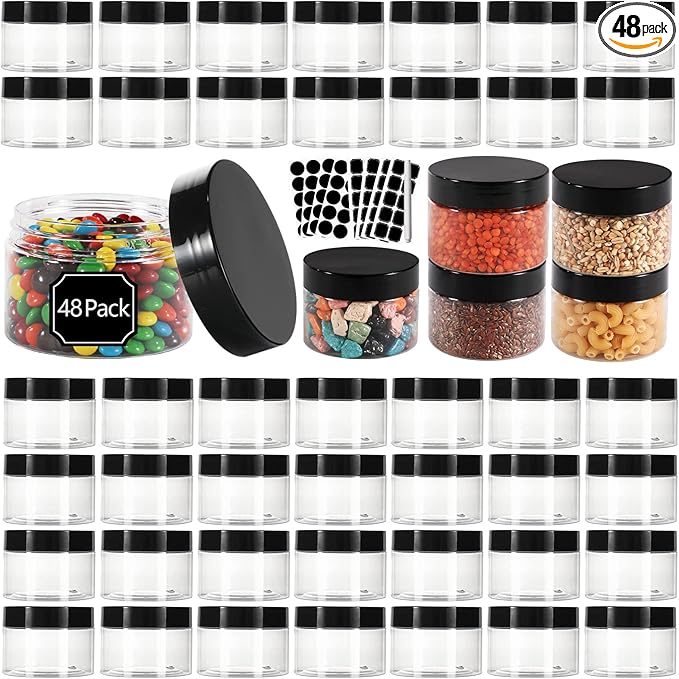 EkkoVla 48 Pack 4 oz Clear Plastic Jars Wide Mouth Round Containers with Black Lids BPA FREE, Empty Multi-use Refillable Storage Jar with Airtight Lid for Cosmetics Beauty Products