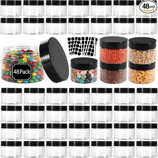 EkkoVla 48 Pack 4 oz Clear Plastic Jars Wide Mouth Round Containers with Black Lids BPA FREE, Empty Multi-use Refillable Storage Jar with Airtight Lid for Cosmetics Beauty Products