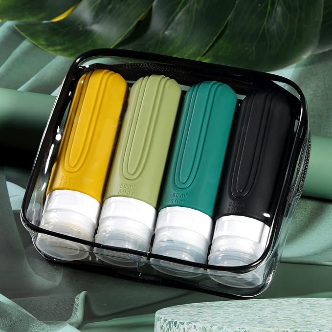 Travel Bottles for Toiletries, Tsa Approved 3oz Travel Size Containers BPA Free Leak Proof Refillable Liquid Silicone Squeezable Travel Accessories for Shampoo Conditioner Lotion (4 Pack)