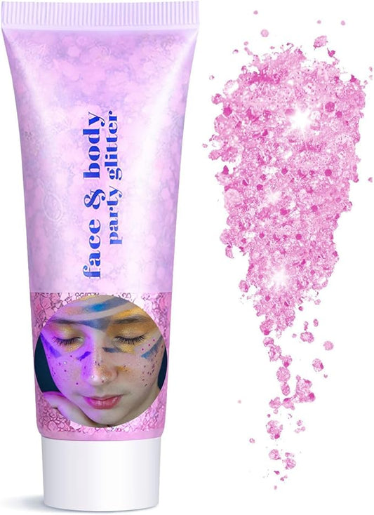 Body Face Glitter Makeup for Kids Women, Sparkly Chunky Hair Glitter, Mermaid Birthday Decorations Rave Outfits for Women (Pink Body Glitter)