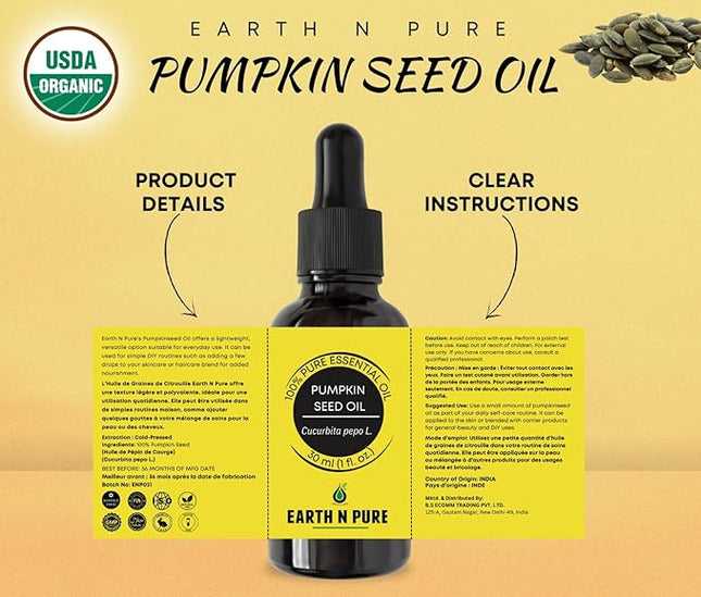 Earth N Pure Pumpkin Seed Oil (Kaddu Oil) Cold Pressed, Natural and Therapeutic Grade - 30 ml