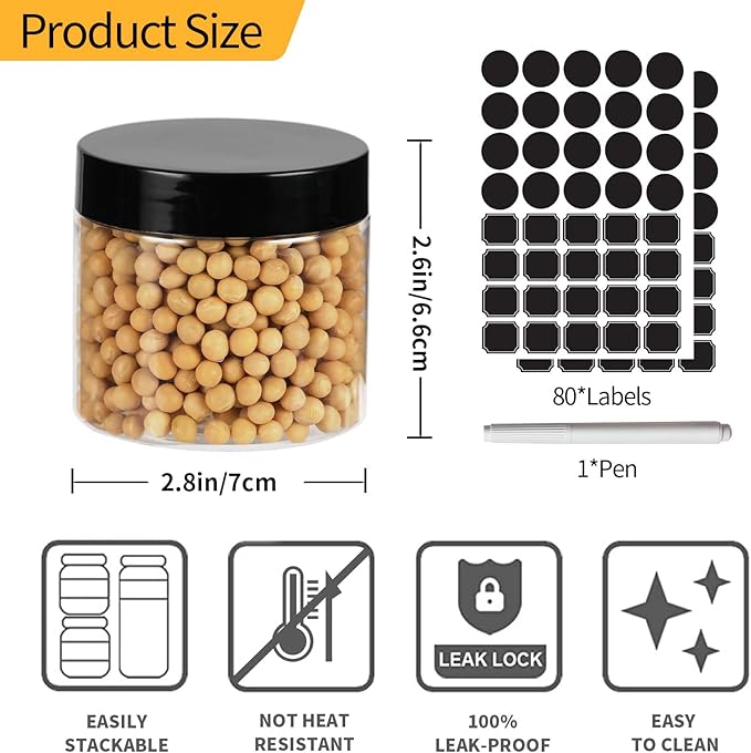 EkkoVla 40 Pack 6 oz Clear Plastic Jars Wide Mouth Round Containers with Black Lids BPA FREE, Empty Multi-use Refillable Storage Jar with Airtight Lid for Cosmetics Beauty Products