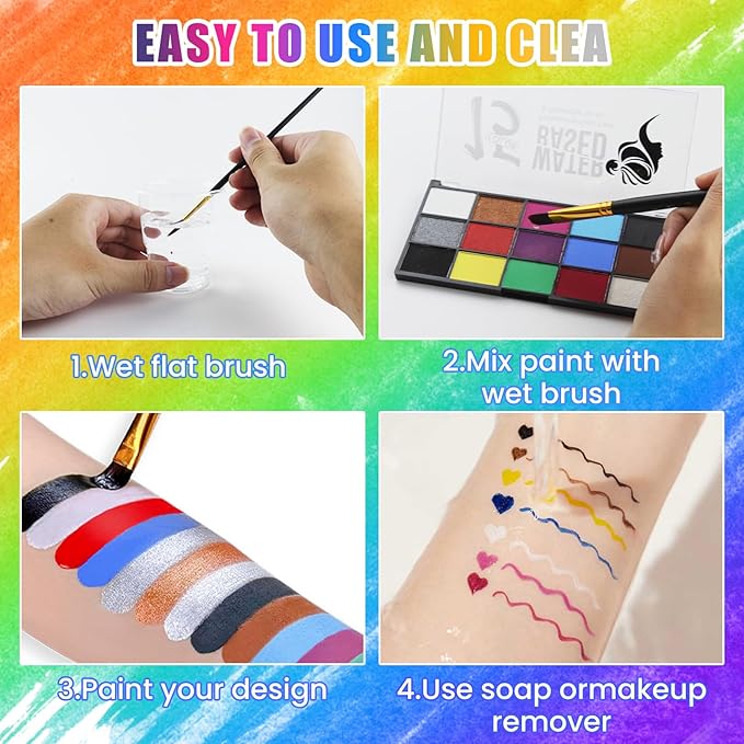 Face Painting Kit for Kids Adults, Water Activated Body Face Paint, 15 Colors Water Based Facepaints Fx Makeup Palette ,Non Toxic Hypoallergenic Safe Facepaint for Halloween Party Birthday Cosplay