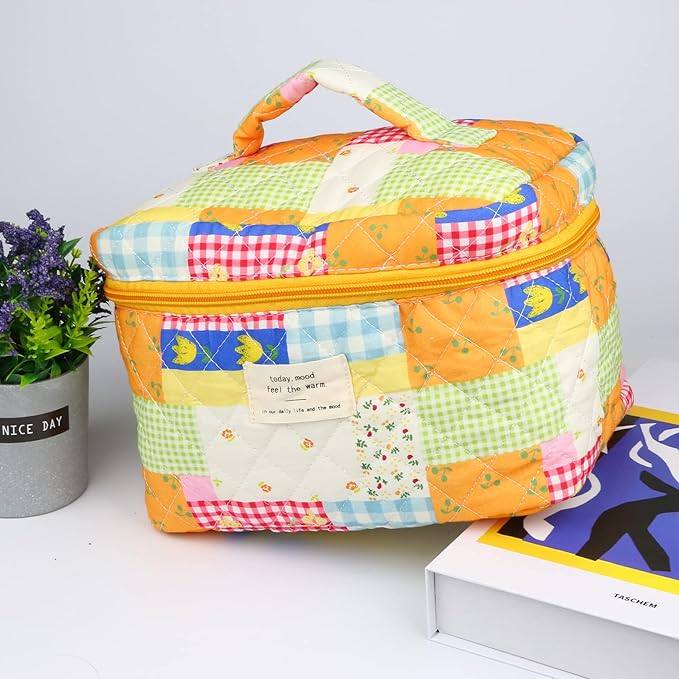 VIWIME Makeup Cosmetic Bag, Large Cotton Quilted Travel Coquette Aesthetic Cute Floral Make up Bag for Women Toiletry Bag Organizer(Puzzle/2Pcs)