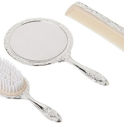 3 pc Silver Chrome Girls Vanity Set Comb Brush Mirror.
