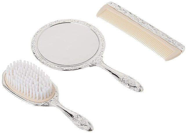 3 pc Silver Chrome Girls Vanity Set Comb Brush Mirror.