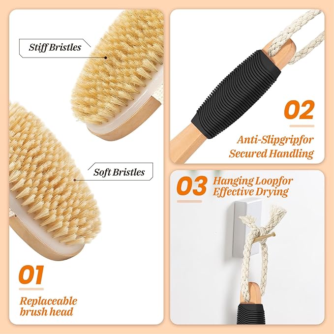 Wood Body Brush Set,20.6’’ Long Handle Bath Body Back Scrubber Soft & Stiff Bristles Detachable 2 Brush Heads Gentle Exfoliator Remove for Wet & Dry Use
