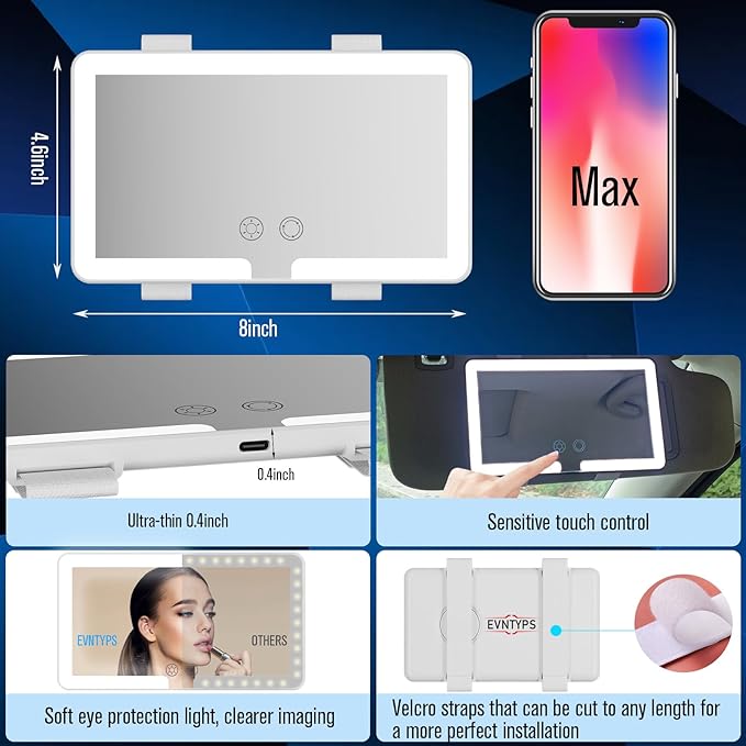 Car Vanity Mirror With Light,Rechargeable Car Sun Visor LED Makeup Mirror,Dimmable Touch Control Rear View Sun-Shading Cosmetic Mirror for Women Girl,LED Mirror for SUV RV Truck(White 1pcs)