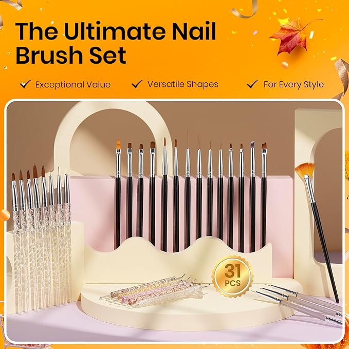 Beetles 31pcs Nail Art Brushes, Dotting Tools, Nail Art Pens, Dust Brush, Striping Liner Fingernail Drawing Pens with Palette Holder All in One for Starter Manicure Design Set