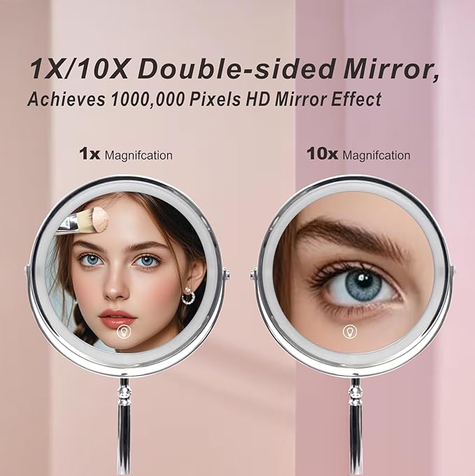 Makeup Mirror with Lights ，8 Inch 1X/10X Rechargeable Double Sided Magnifying , 360° Rotation LED HD Mirror with 3 Colors，Brightness Adjustable, Ideal for Daily Skincare and Professional Makeup