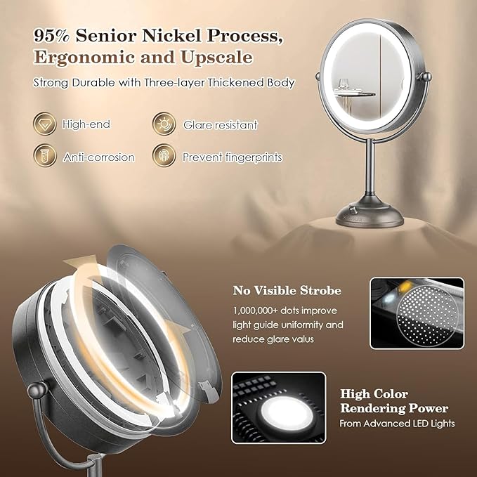 VESAUR Professional 8.5" Lighted Makeup Mirror, 1X/10X Double Sided HD Undistorted Magnifying Mirror with 3 Color 90 Dimmable LED lights, 360° Rotation Vanity Mirror, Unique Black Nickel with Gift Box