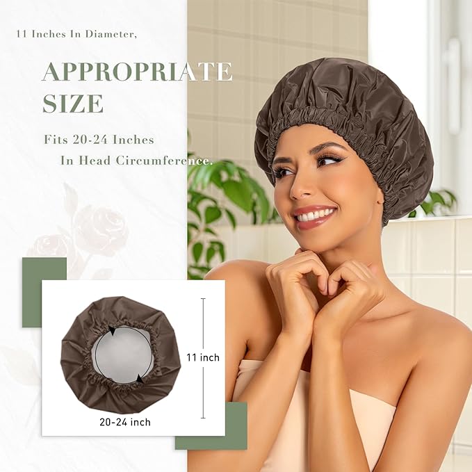 Reusable Shower Cap for Women, Large Waterproof Shower Essentials Bonnet Washable Elastic Band Bath Hair Wrap Hat for Long Hair, Braids(Dark Coffee)