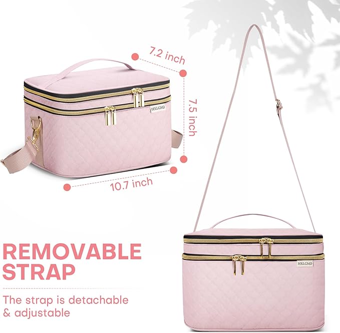 Double Layer Travel Makeup Bag Women, Cosmetic Organizer Case, Travel Essentials Accessories with Shoulder Strap for Bottles, Brushes, Conditioner, Skin Care Products, Pink