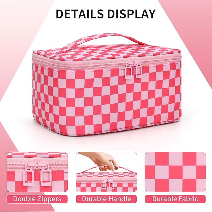 OCHEAL Makeup Bag Portable Cosmetic Bag For Women, Large Capacity Travel Makeup Case Organizer, Toiletry Bag for Girls Traveling With Handle and Divider-Pink
