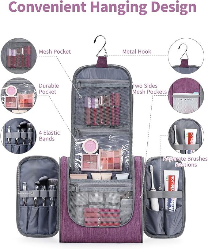 Hanging Toiletry Bag for Women Travel Makeup Bag Organizer Toiletries Bag for Cosmetics Essentials Accessories (Large, Dark Purple)