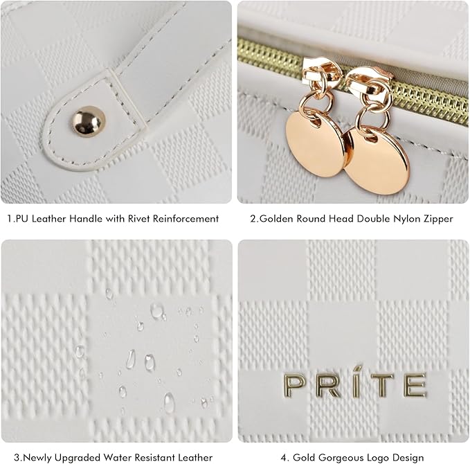 Prite Makeup Bag for Women Travel Waterproof Vegan Leather Cosmetic Bag Open Flat Toiletry Bag With Clear Divider and Handle (Plaid Beige)