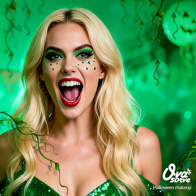 Ivy Leaf Freckles Face Tattoo - Green Glitter Face Gems & Vine Temporary Tattoos | Waterproof Halloween Makeup Kit for Halloween Ivy Costume, Festival Cosplay, Rave Party Favors (8 Sheets)