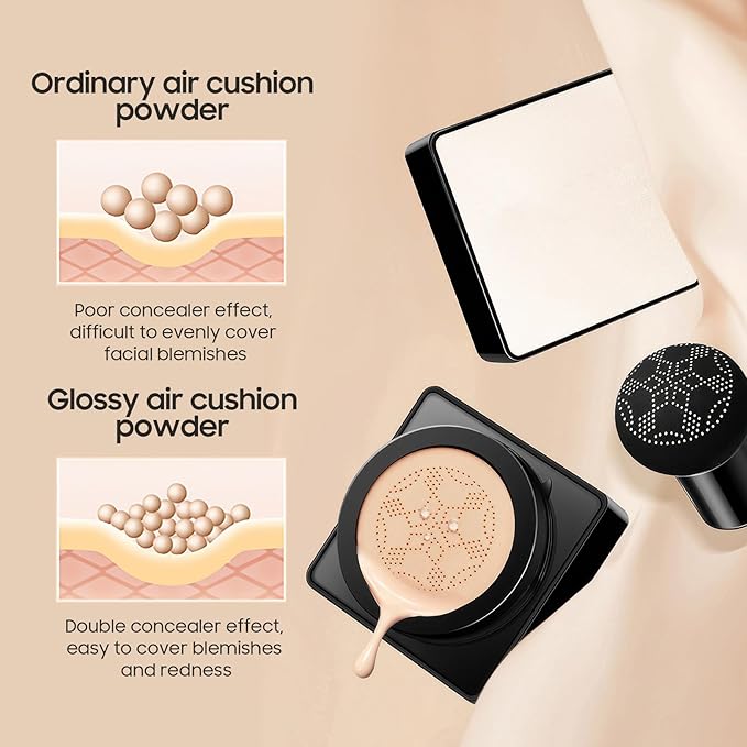 Air Cushion CC Cream - Long-Lasting Brightening Mushroom Head BB Cream Foundation for Face Makeup, Moisturizing Full Coverage Self Adjusting Concealer for Even Skin Tone (Natural, 1 PCS)